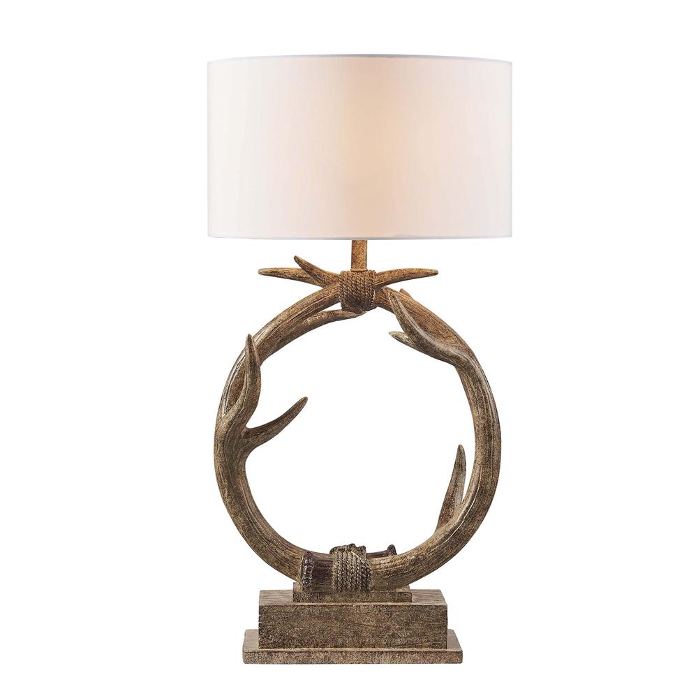 27" Brown Rustic Faux Antlers Table Lamp With White Drum Shade. Picture 1