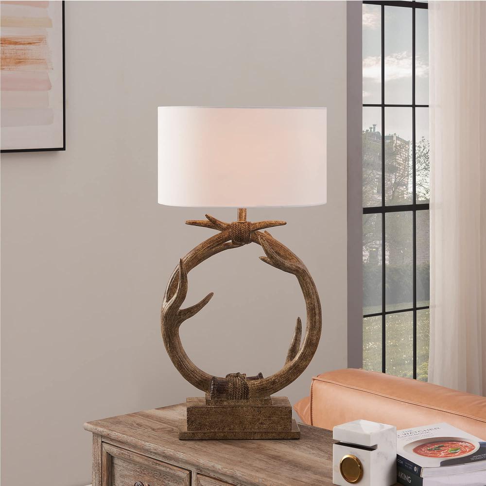 27" Brown Rustic Faux Antlers Table Lamp With White Drum Shade. Picture 4