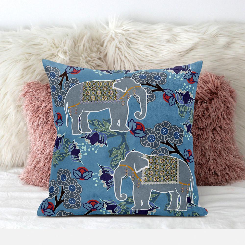 16x16 Blue White Elephant Blown Seam Broadcloth Animal Print Throw Pillow. Picture 3
