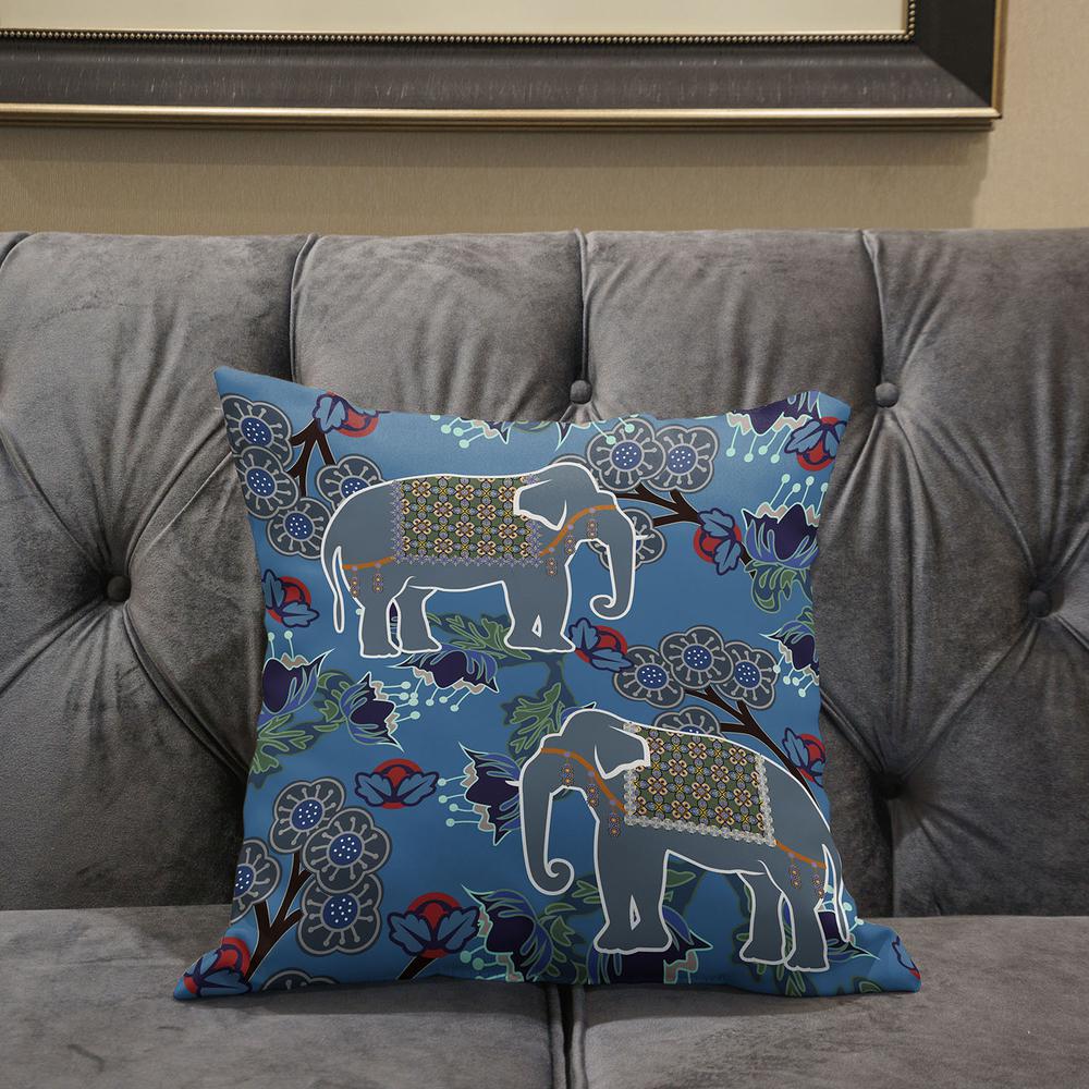 16x16 Blue White Elephant Blown Seam Broadcloth Animal Print Throw Pillow. Picture 5