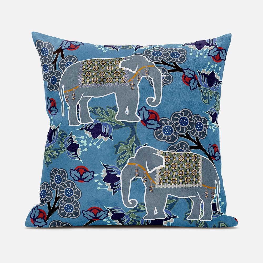 18x18 Blue White Elephant Blown Seam Broadcloth Animal Print Throw Pillow. Picture 1