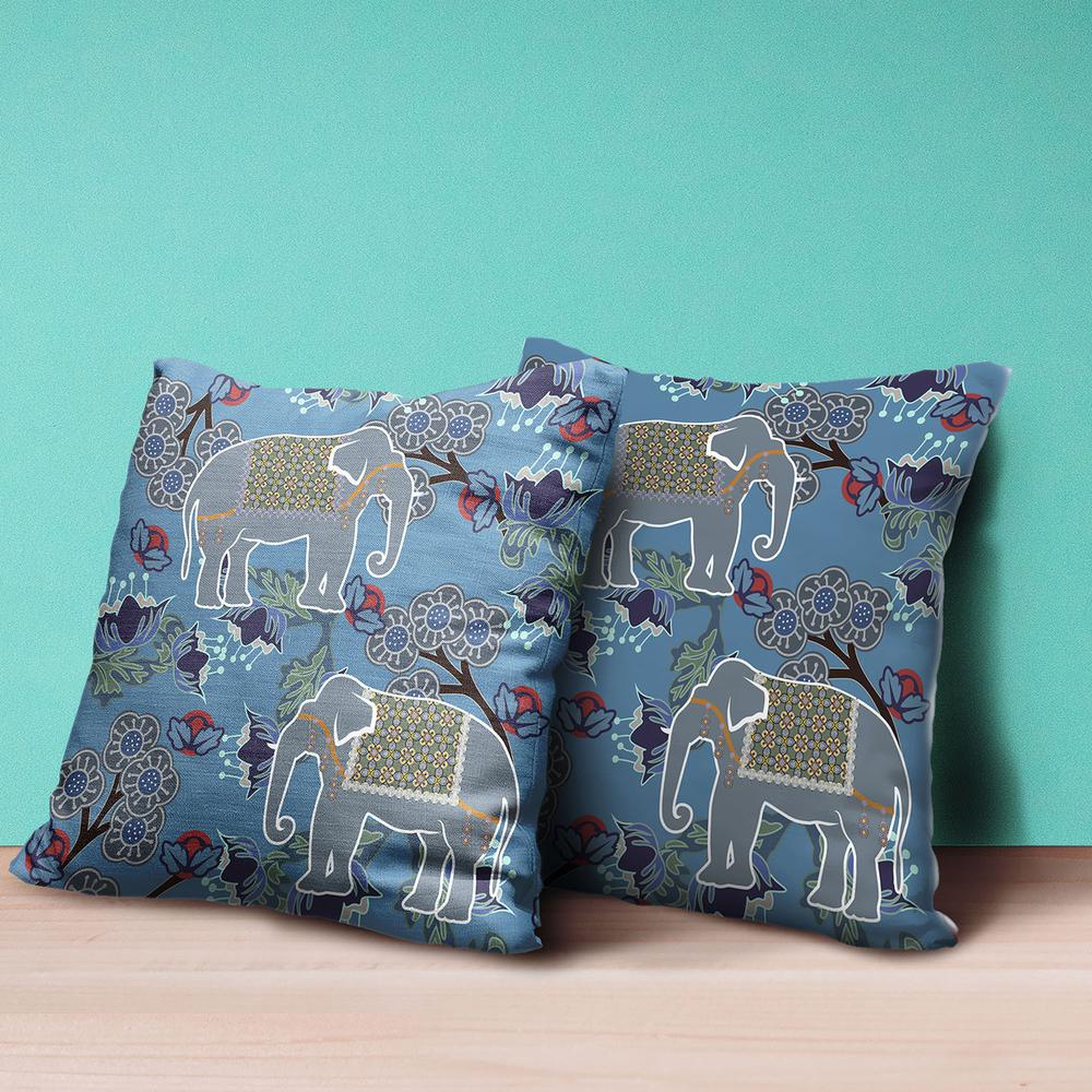 18x18 Blue White Elephant Blown Seam Broadcloth Animal Print Throw Pillow. Picture 3