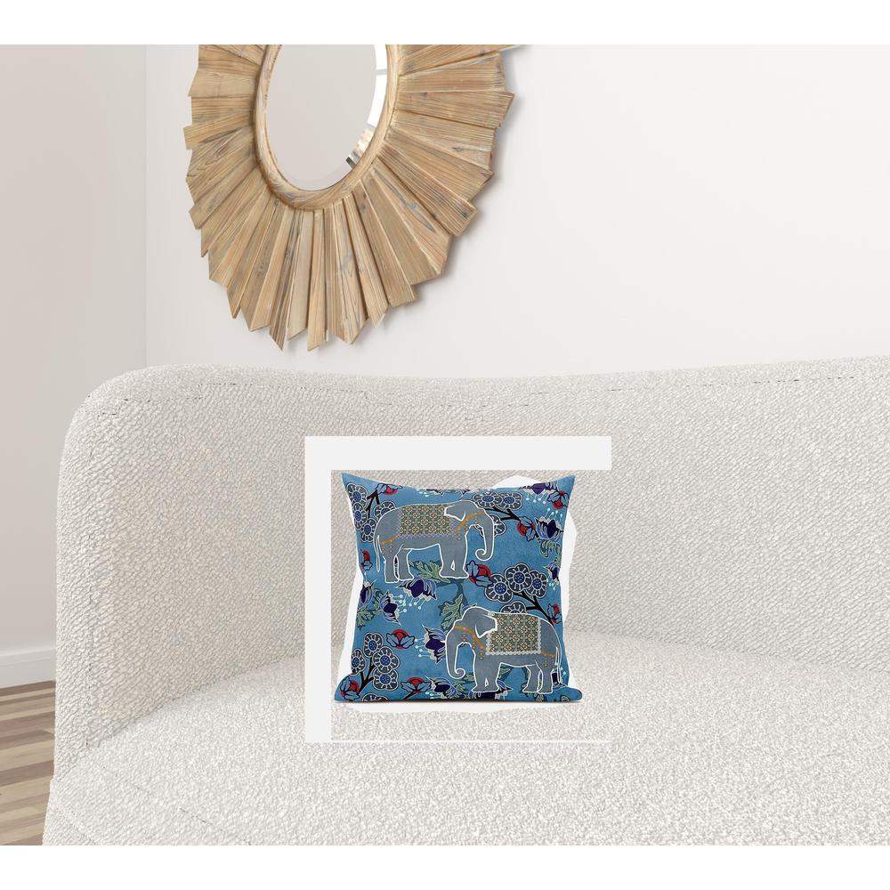 18x18 Blue White Elephant Blown Seam Broadcloth Animal Print Throw Pillow. Picture 2