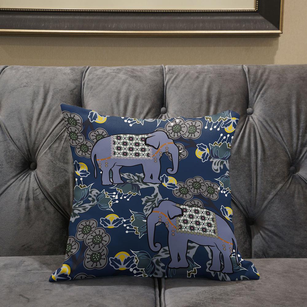 16x16 Gray Blue Brown Elephant Blown Seam Broadcloth Animal Print Throw Pillow. Picture 6