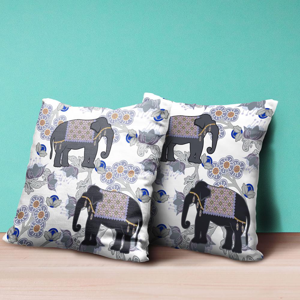 26x26 Gray Black Blue Elephant Blown Seam Broadcloth Animal Print Throw Pillow. Picture 4