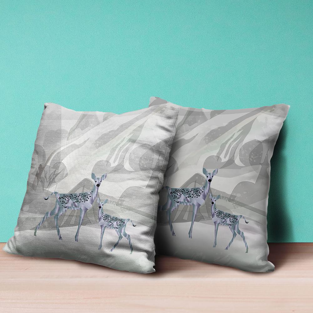 16x16 Gray Green Deer Blown Seam Broadcloth Animal Print Throw Pillow. Picture 4