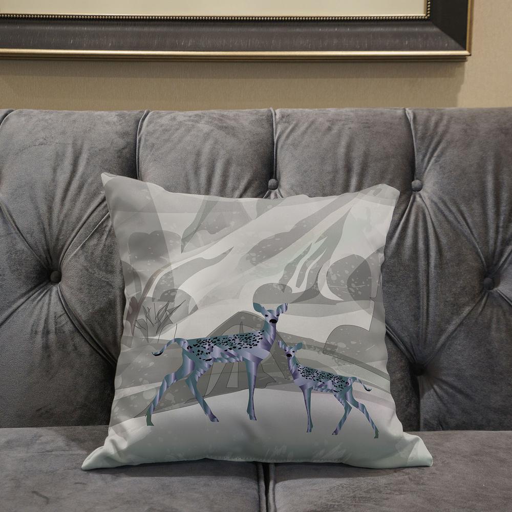 16x16 Gray Green Deer Blown Seam Broadcloth Animal Print Throw Pillow. Picture 5