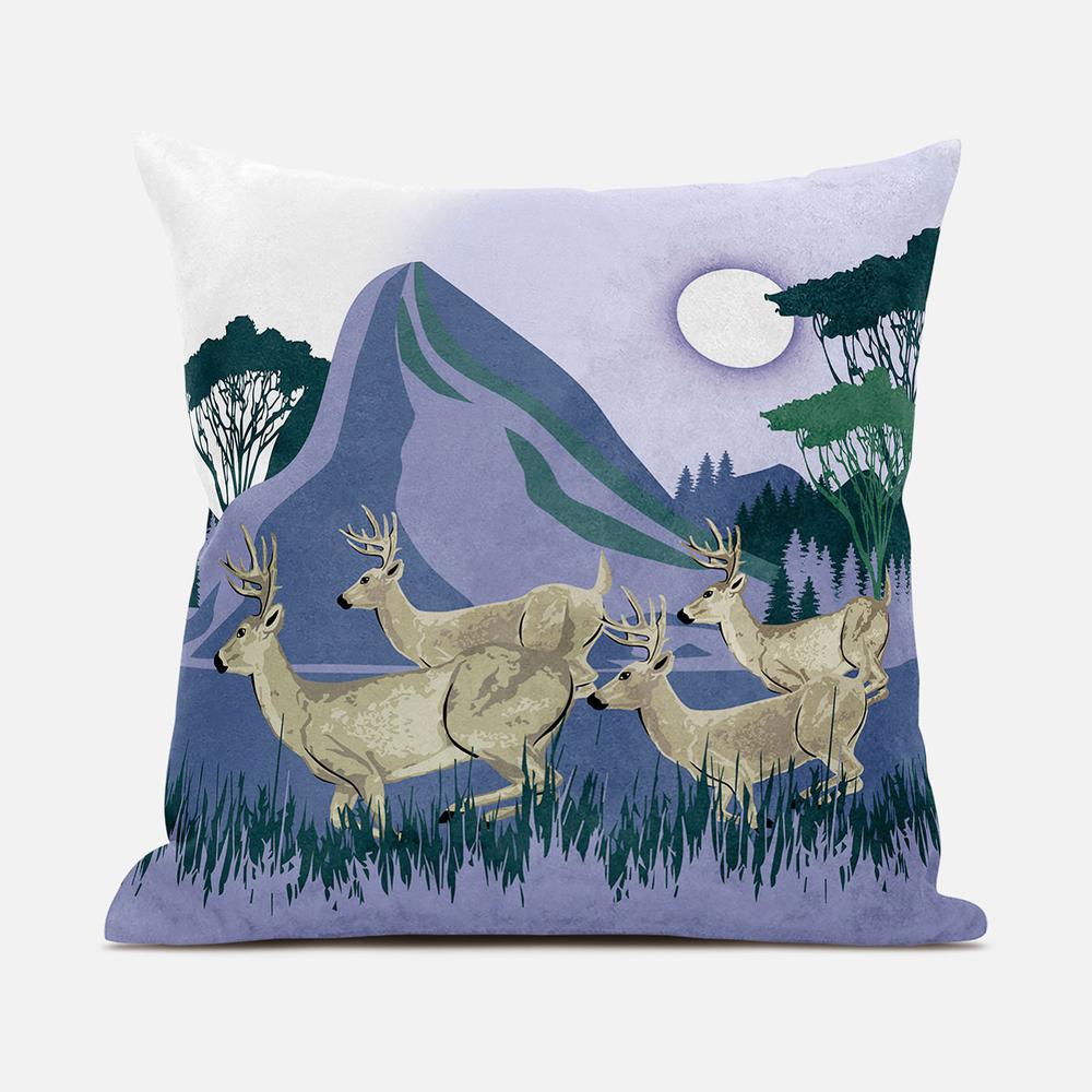 16x16 Brown Blue Green Deer Blown Seam Broadcloth Animal Print Throw Pillow. Picture 1