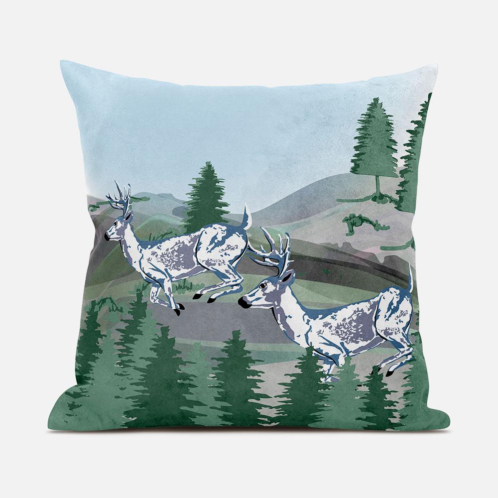 18x18 Green Blue Deer Blown Seam Broadcloth Animal Print Throw Pillow. Picture 1