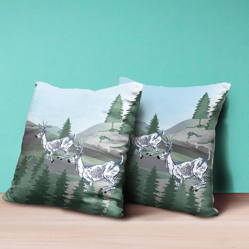 18x18 Green Blue Deer Blown Seam Broadcloth Animal Print Throw Pillow. Picture 4