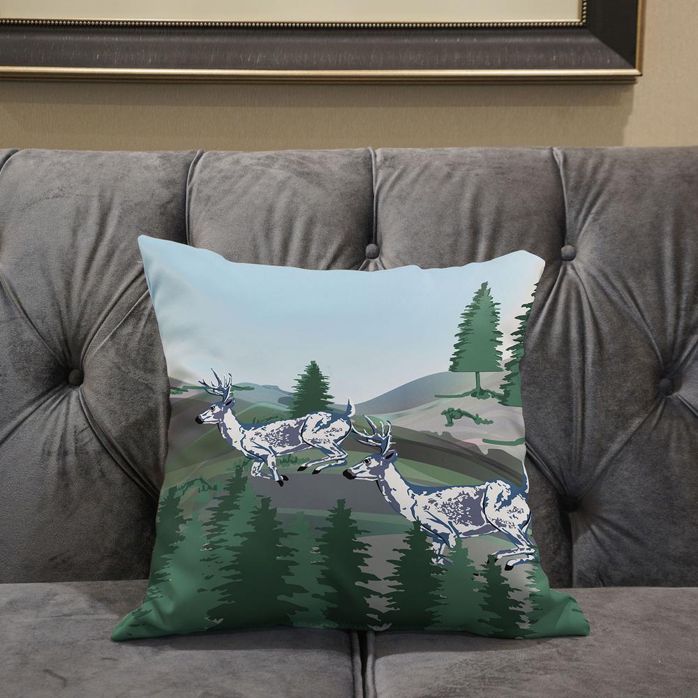18x18 Green Blue Deer Blown Seam Broadcloth Animal Print Throw Pillow. Picture 5