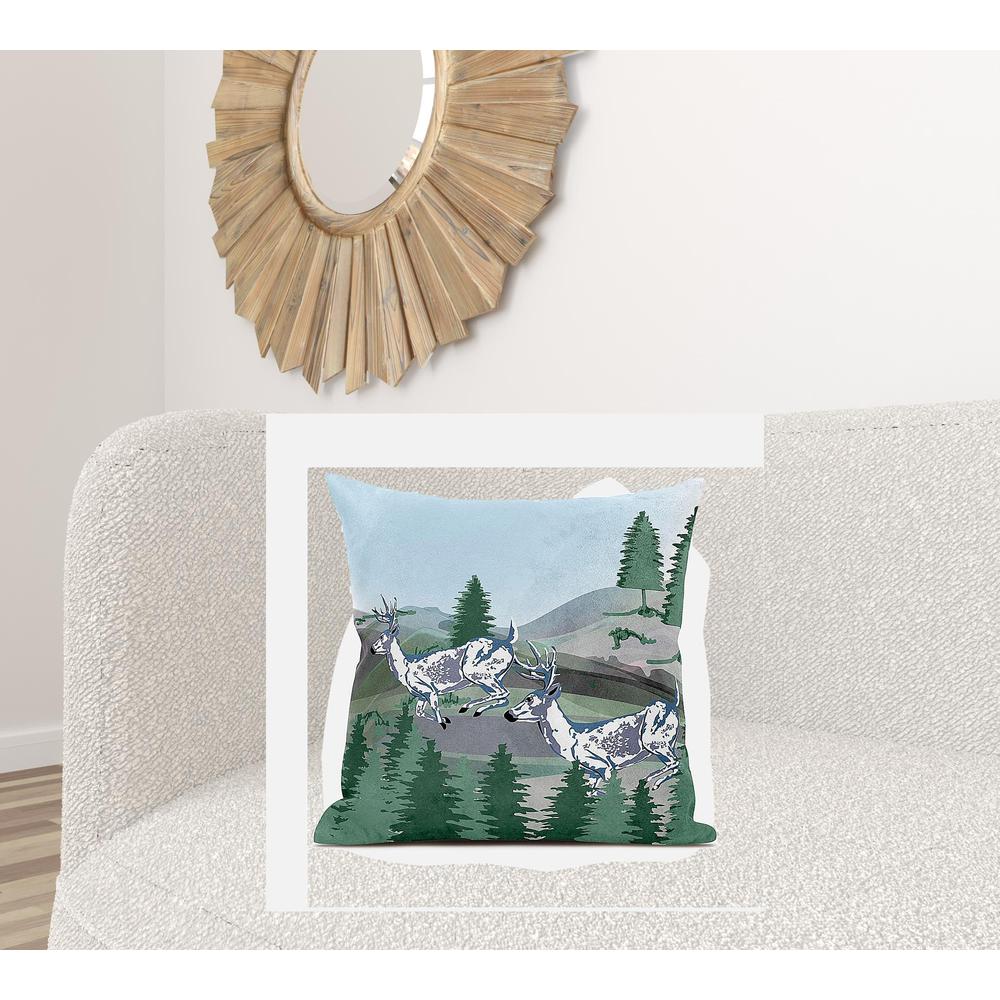 26x26 Green Blue Deer Blown Seam Broadcloth Animal Print Throw Pillow. Picture 2