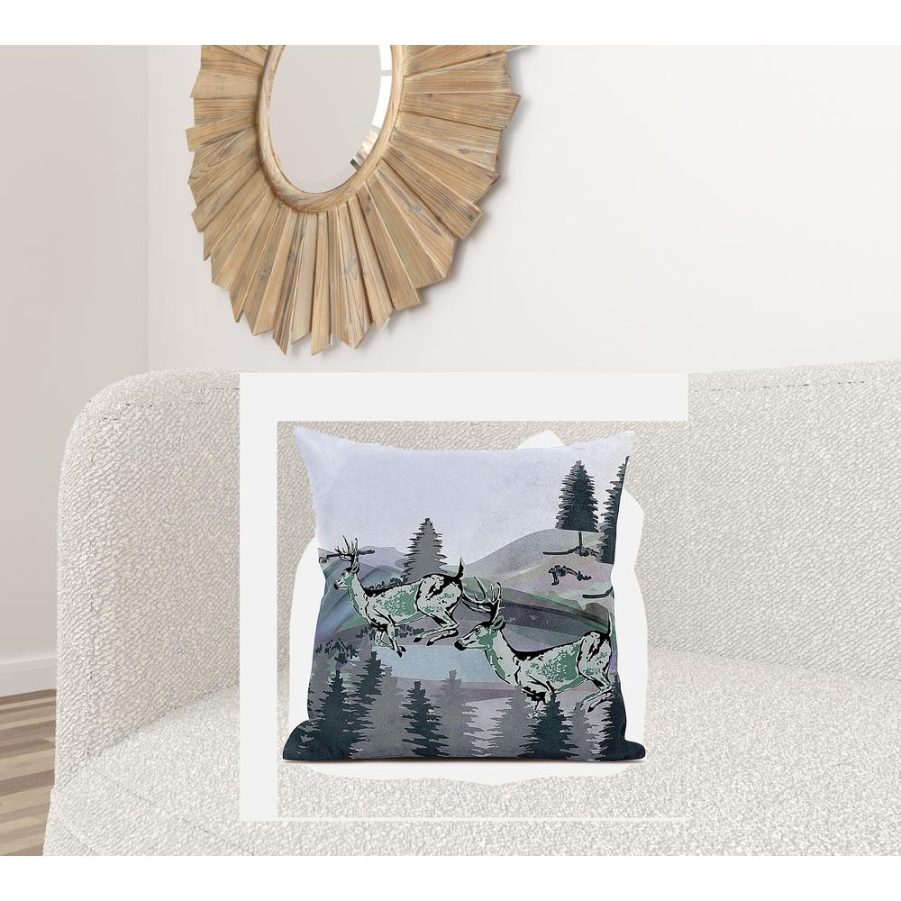 Muted Green Black Blue Deer Blown Seam Broadcloth Animal Print Throw Pillow. Picture 2