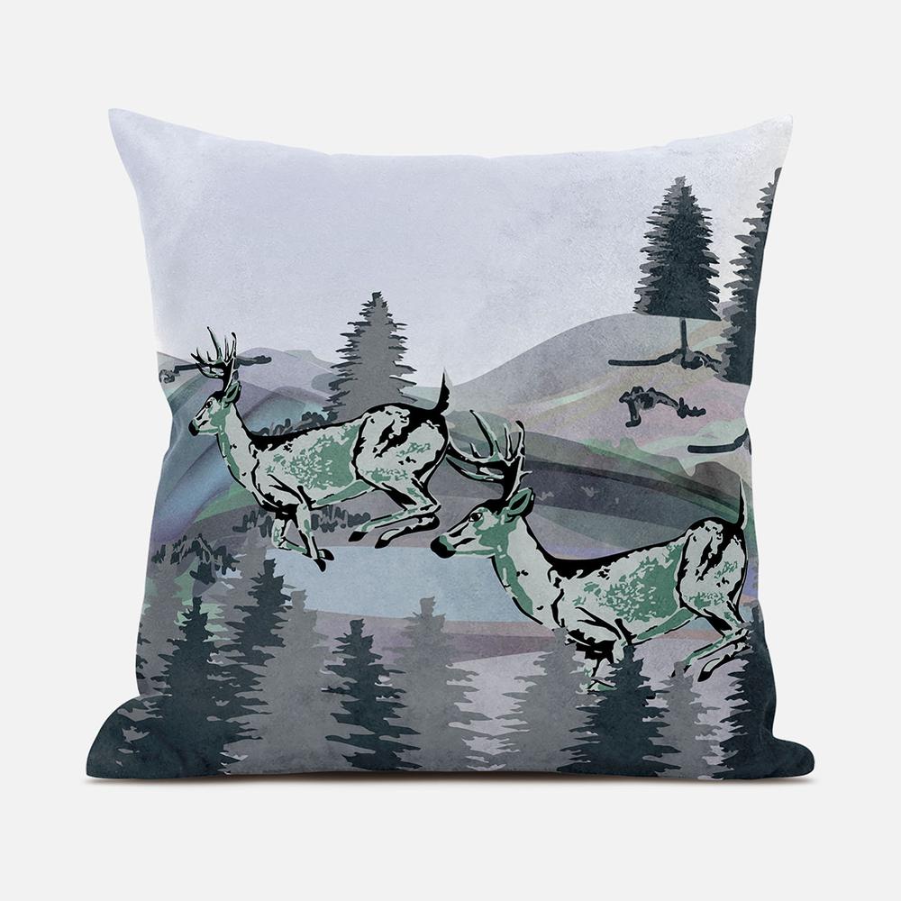 Muted Green Black Blue Deer Blown Seam Broadcloth Animal Print Throw Pillow. Picture 1