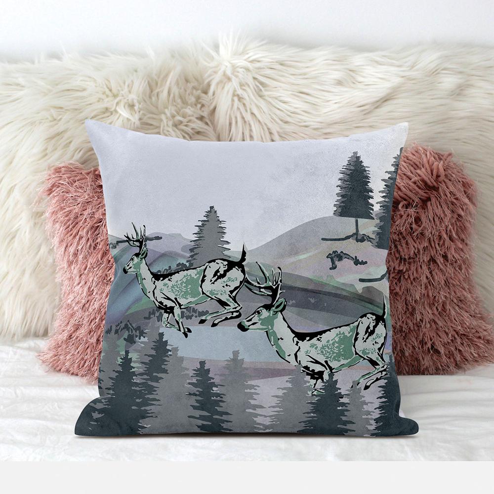 Muted Green Black Blue Deer Blown Seam Broadcloth Animal Print Throw Pillow. Picture 3