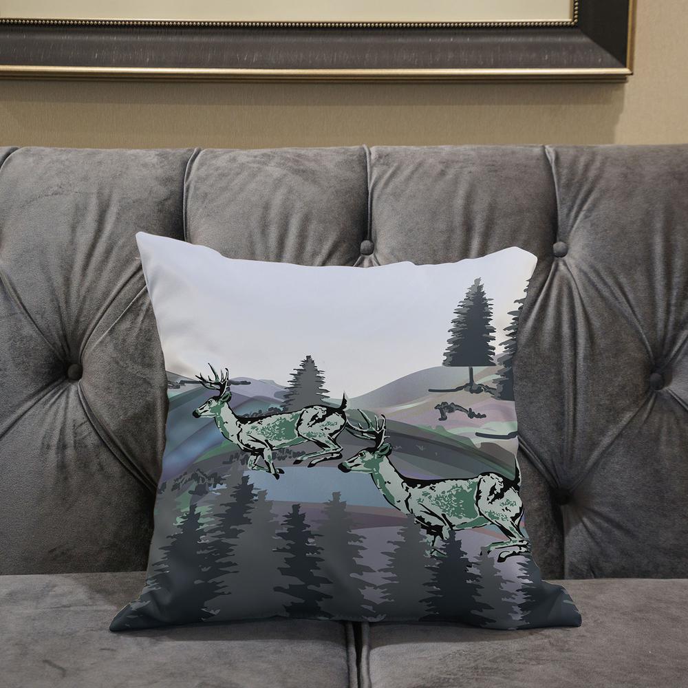 Muted Green Black Blue Deer Blown Seam Broadcloth Animal Print Throw Pillow. Picture 5