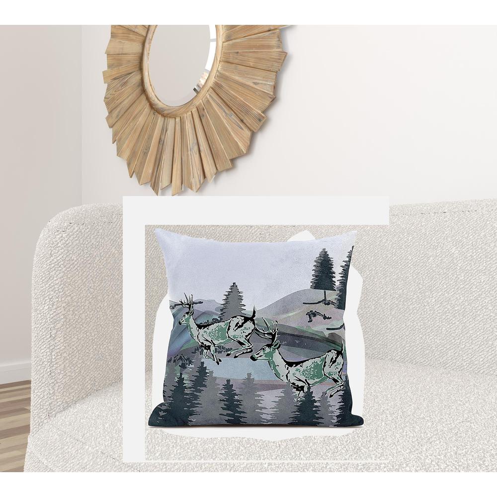 Muted Green Black Blue Deer Blown Seam Broadcloth Animal Print Throw Pillow. Picture 2