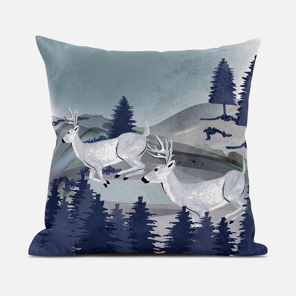 16x16 Gray Blue Deer Blown Seam Broadcloth Animal Print Throw Pillow. Picture 1