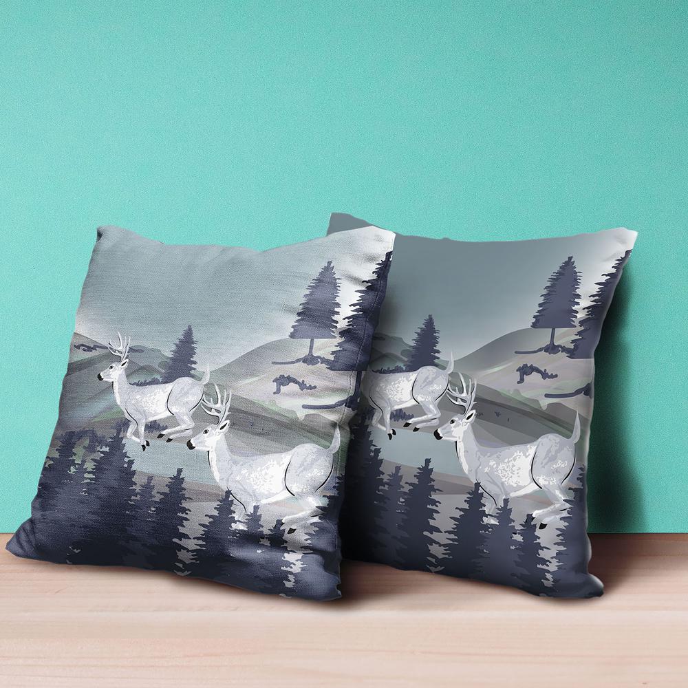 16x16 Gray Blue Deer Blown Seam Broadcloth Animal Print Throw Pillow. Picture 4