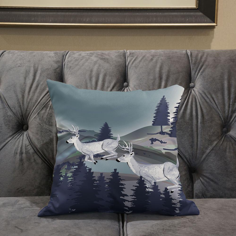 16x16 Gray Blue Deer Blown Seam Broadcloth Animal Print Throw Pillow. Picture 5