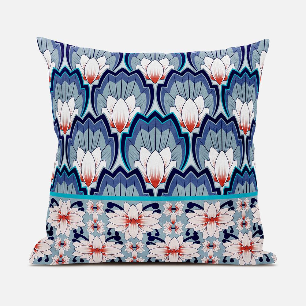 16x16 Gray Blue Orange Blown Seam Broadcloth Floral Throw Pillow. Picture 1