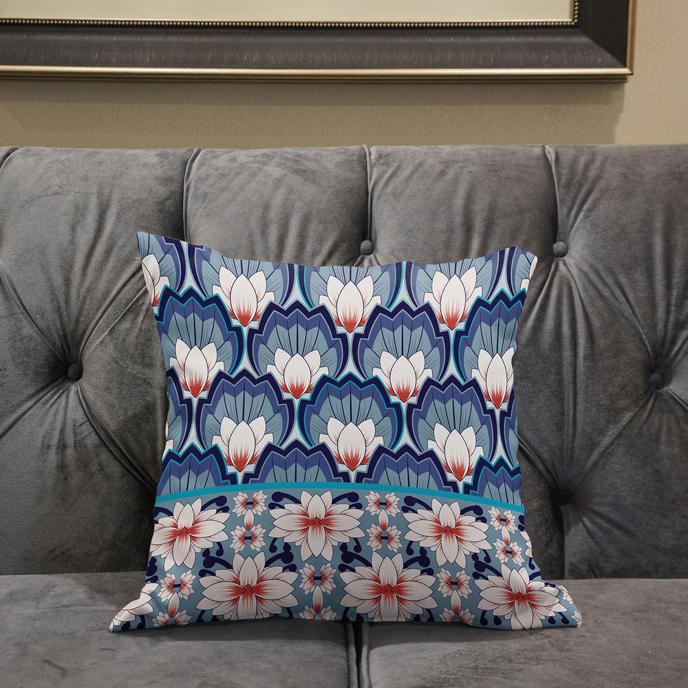 16x16 Gray Blue Orange Blown Seam Broadcloth Floral Throw Pillow. Picture 5