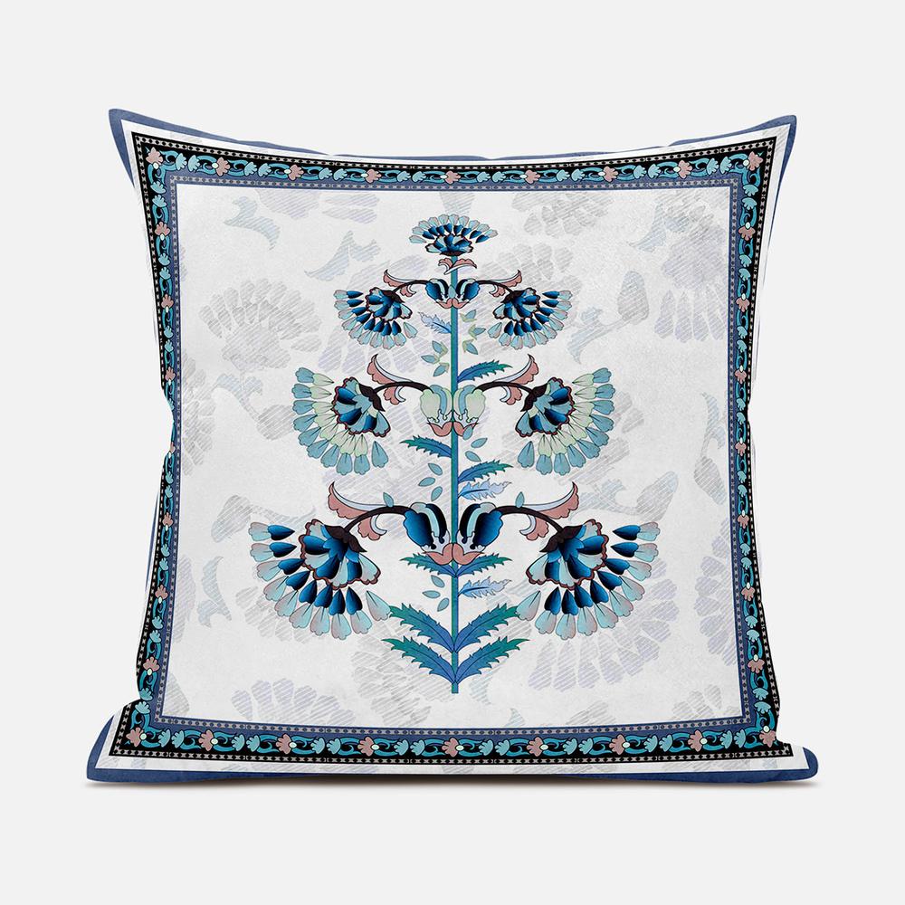 16x16 Off White Blue Black Blown Seam Broadcloth Floral Throw Pillow. Picture 1