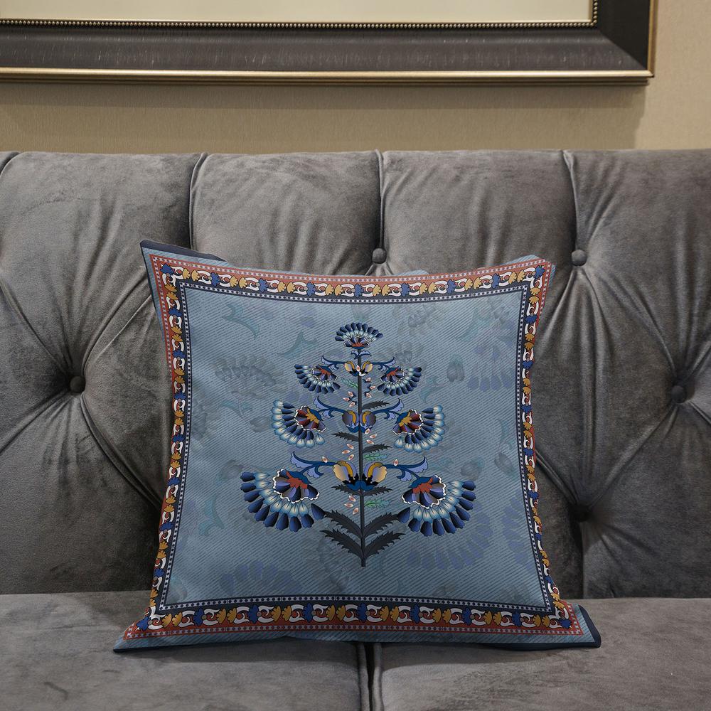 18x18 Gray Blue Red Blown Seam Broadcloth Floral Throw Pillow. Picture 5
