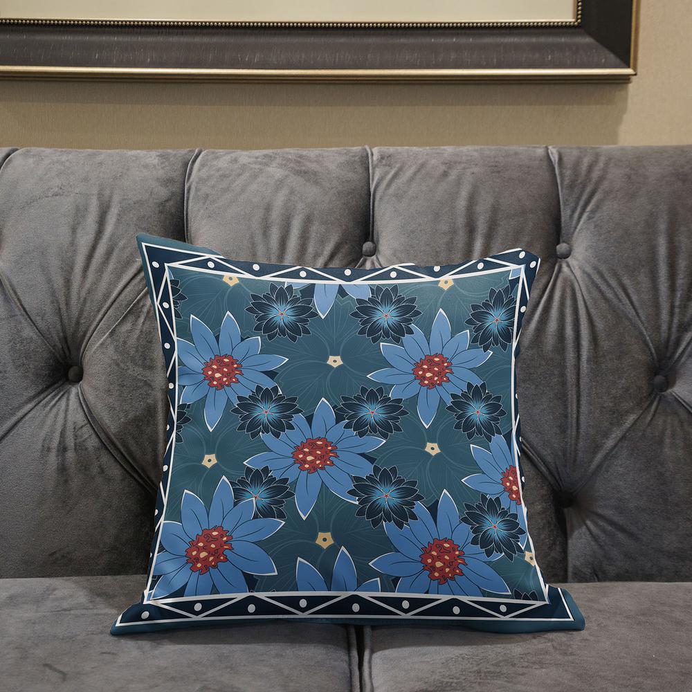 16x16 Blue Red Blown Seam Broadcloth Floral Throw Pillow. Picture 4