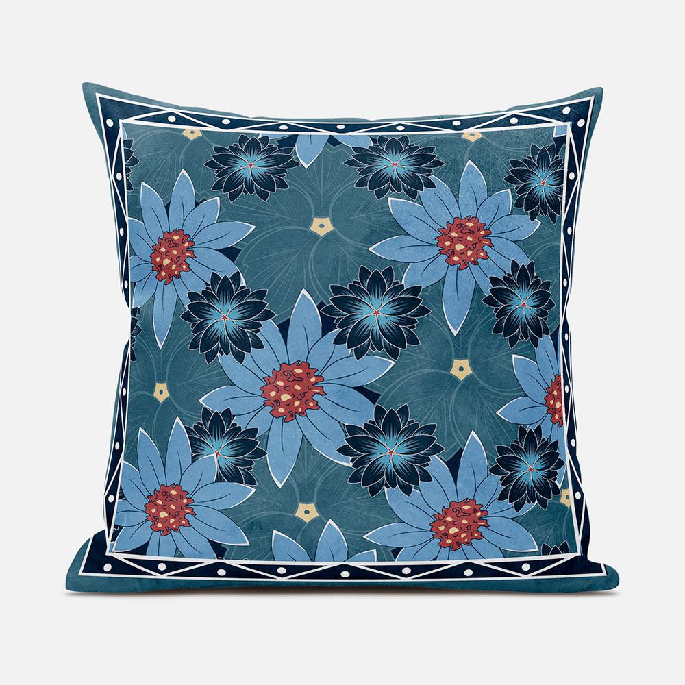 20x20 Blue Red Blown Seam Broadcloth Floral Throw Pillow. Picture 1