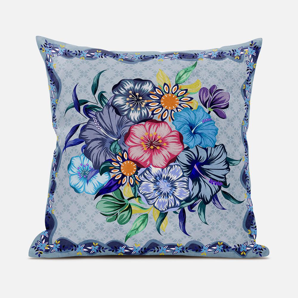 16x16 Blue Pink Gray Blown Seam Broadcloth Floral Throw Pillow. Picture 1