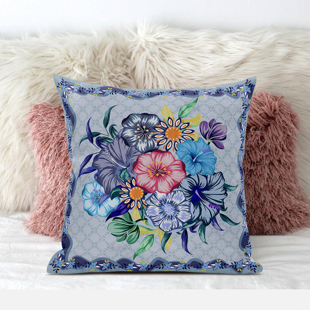 16x16 Blue Pink Gray Blown Seam Broadcloth Floral Throw Pillow. Picture 3