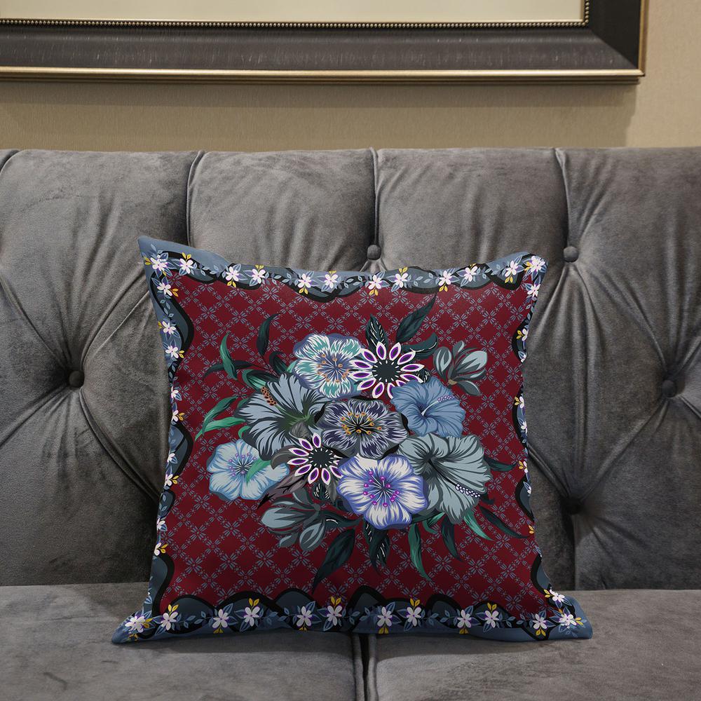 18x18 Red Gray Blown Seam Broadcloth Floral Throw Pillow. Picture 5