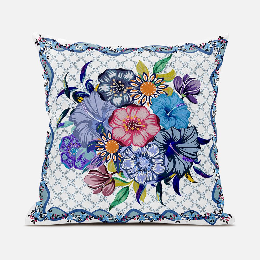 16x16 White Blue Blown Seam Broadcloth Floral Throw Pillow. Picture 1