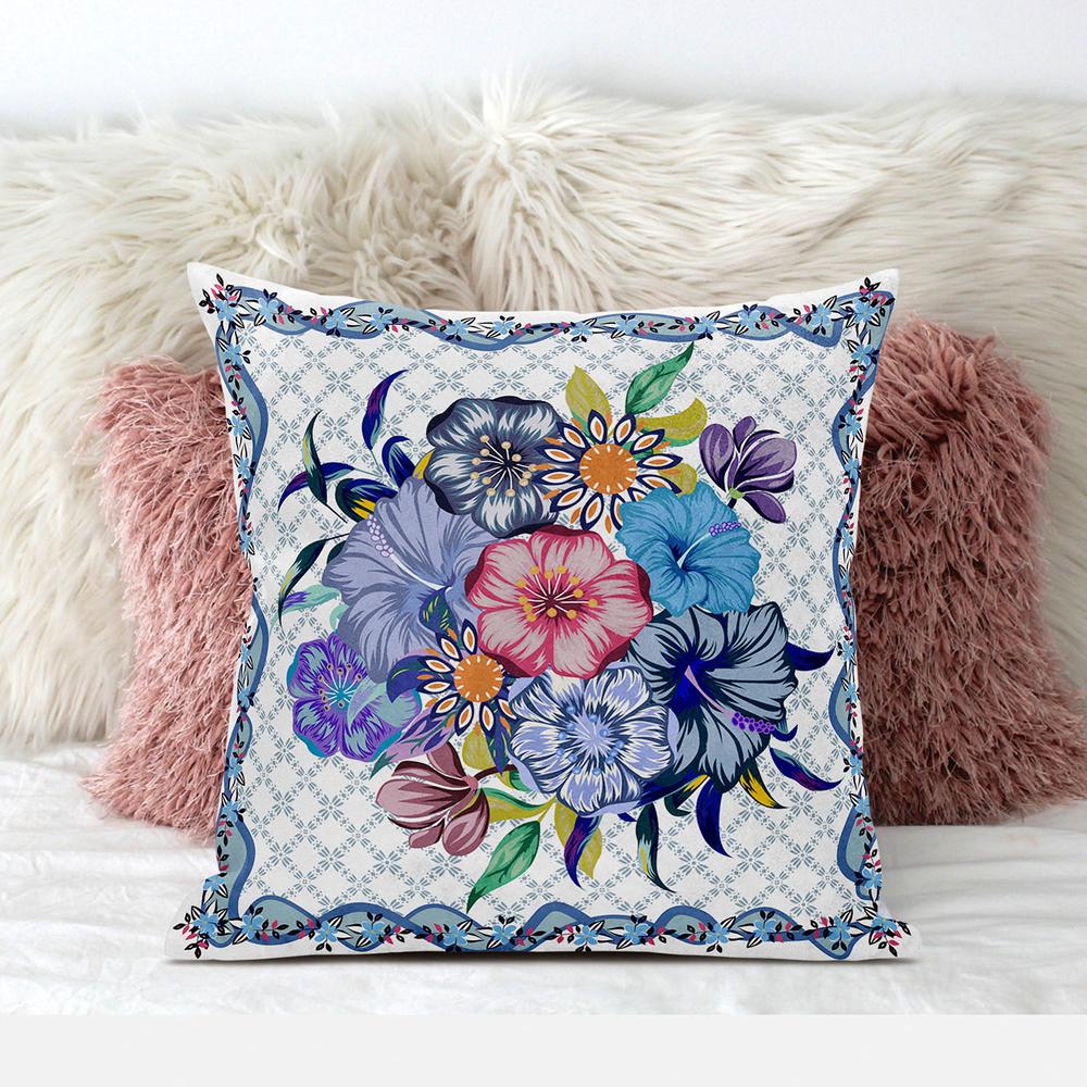 16x16 White Blue Blown Seam Broadcloth Floral Throw Pillow. Picture 3