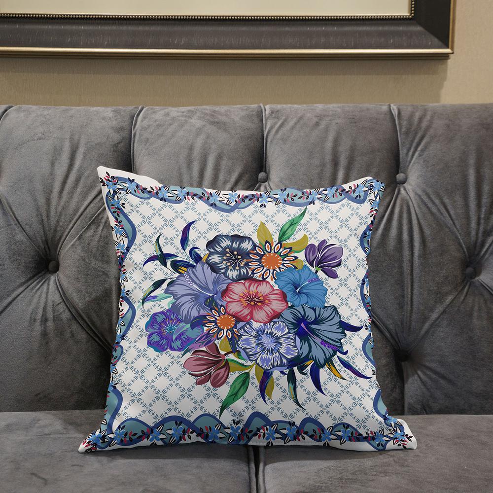 16x16 White Blue Blown Seam Broadcloth Floral Throw Pillow. Picture 5