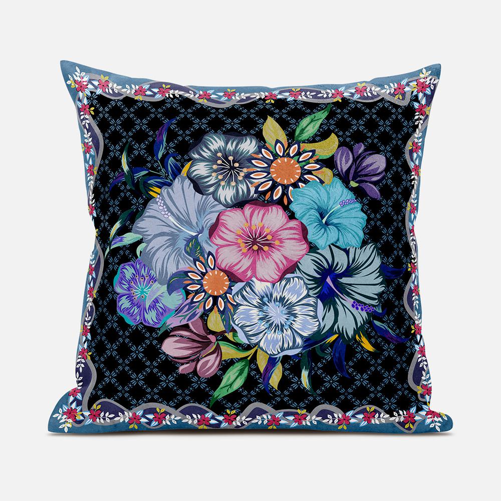 16x16 Black Blue Blown Seam Broadcloth Floral Throw Pillow. Picture 1