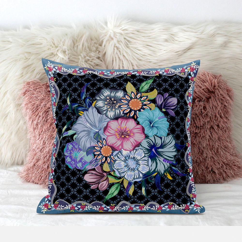 16x16 Black Blue Blown Seam Broadcloth Floral Throw Pillow. Picture 3