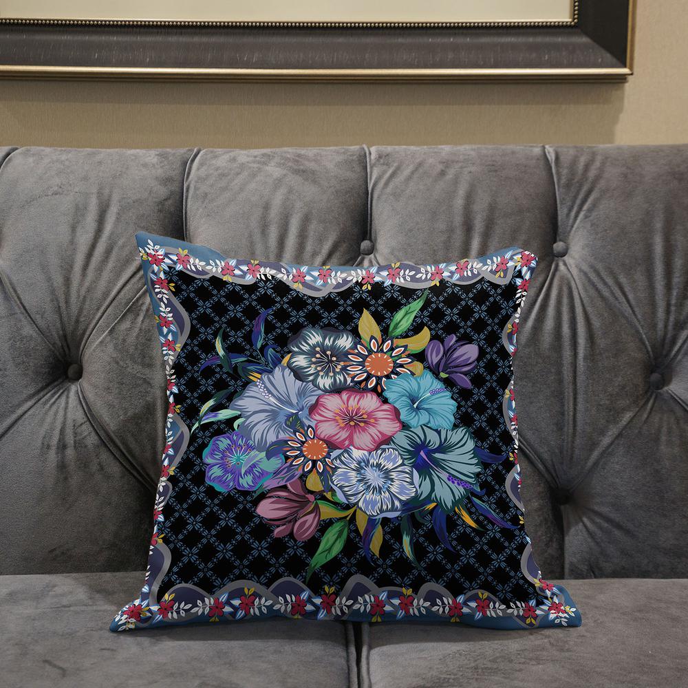 16x16 Black Blue Blown Seam Broadcloth Floral Throw Pillow. Picture 5