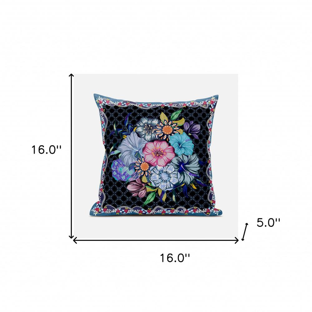 16x16 Black Blue Blown Seam Broadcloth Floral Throw Pillow. Picture 8