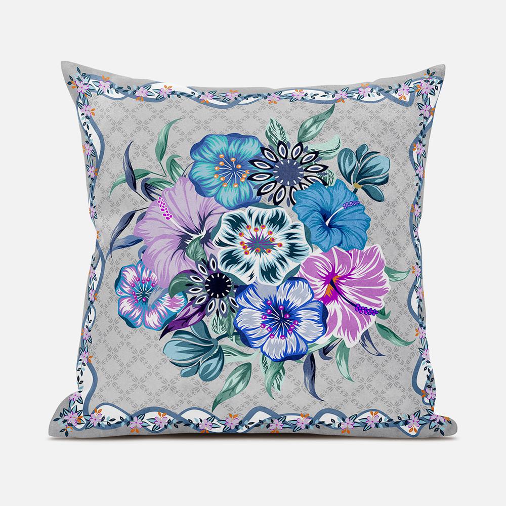 18x18 Beige Blue Gray Blown Seam Broadcloth Floral Throw Pillow. Picture 1