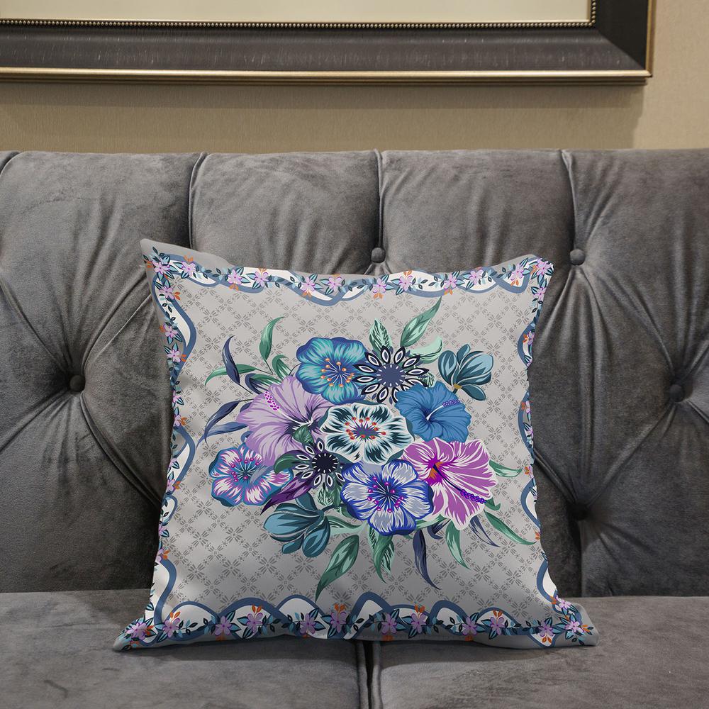 18x18 Beige Blue Gray Blown Seam Broadcloth Floral Throw Pillow. Picture 5