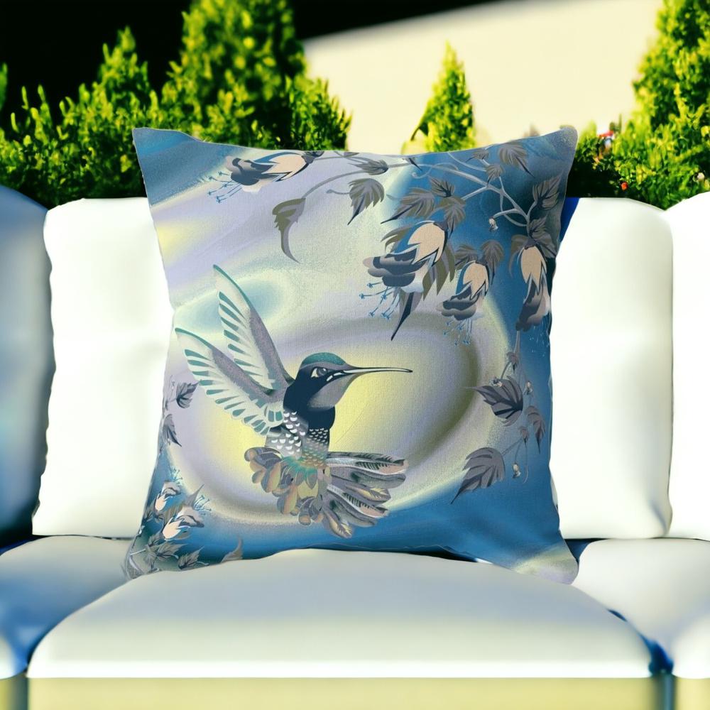 16" X 16" Blue and Yellow Humming Bird Indoor Outdoor Throw Pillow. Picture 2