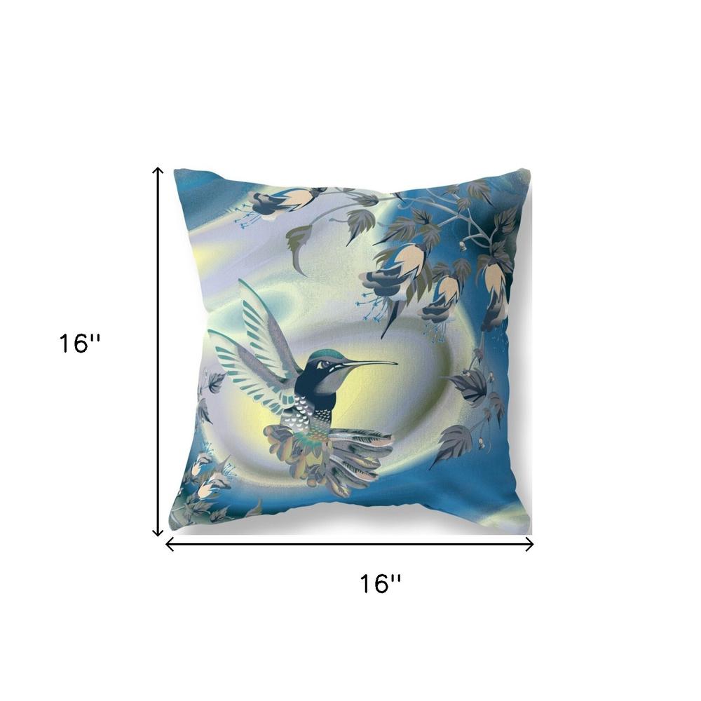 16" X 16" Blue and Yellow Humming Bird Indoor Outdoor Throw Pillow. Picture 5