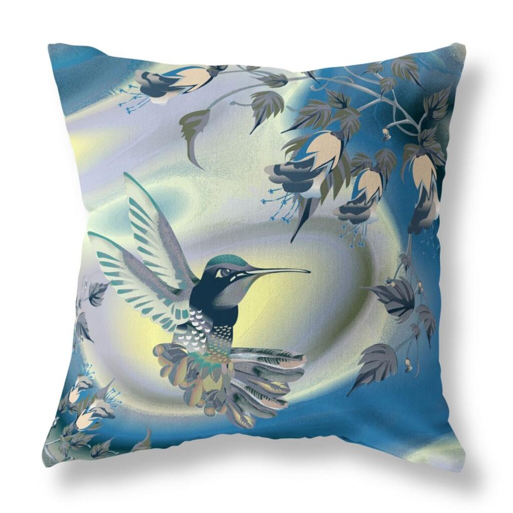 18" X 18" Blue and Yellow Bird Blown Seam Floral Indoor Outdoor Throw Pillow. Picture 1