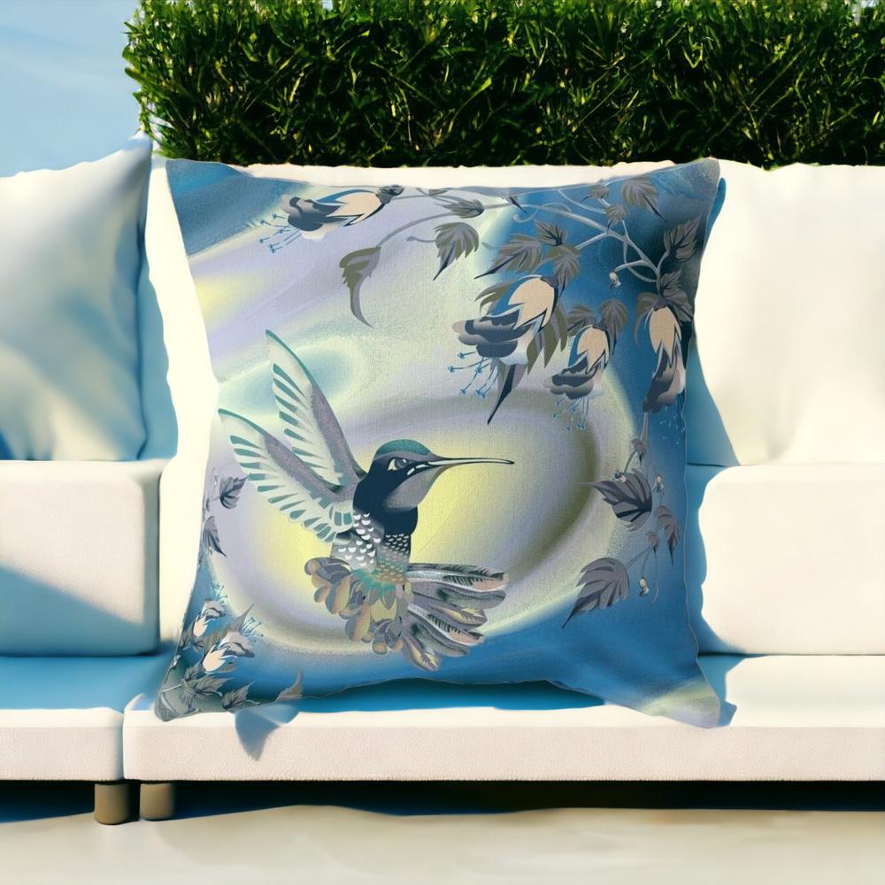 18" X 18" Blue and Yellow Bird Blown Seam Floral Indoor Outdoor Throw Pillow. Picture 2