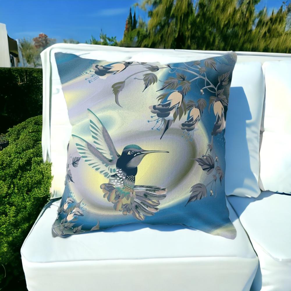 20" X 20" Blue and Yellow Bird Blown Seam Floral Indoor Outdoor Throw Pillow. Picture 2