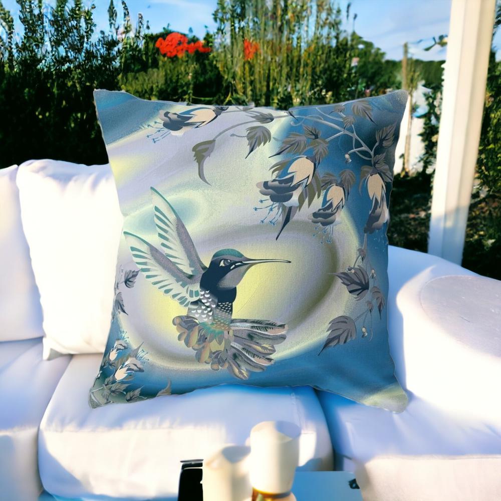 26" X 26" Blue and Yellow Bird Blown Seam Floral Indoor Outdoor Throw Pillow. Picture 2