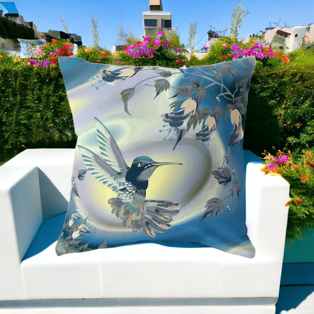 28" X 28" Blue and Yellow Bird Blown Seam Floral Indoor Outdoor Throw Pillow. Picture 2