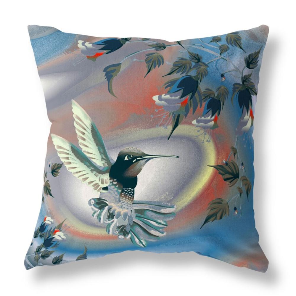 16" X 16" Blue and Gray Bird Blown Seam Floral Indoor Outdoor Throw Pillow. Picture 1